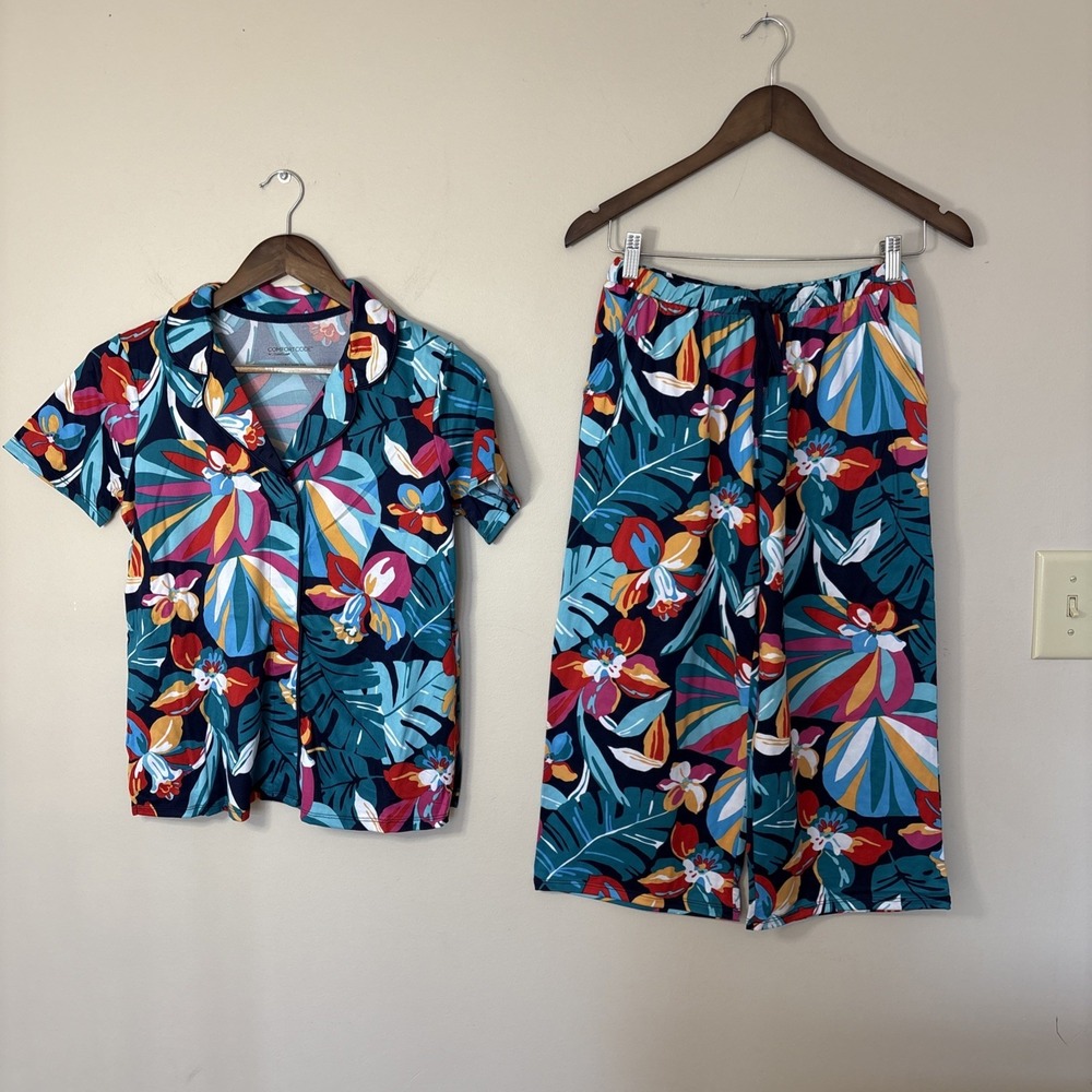 Cuddl Duds Comfort Code 2 Piece Capri Pants Short Sleeve Pajama Set Petite XS